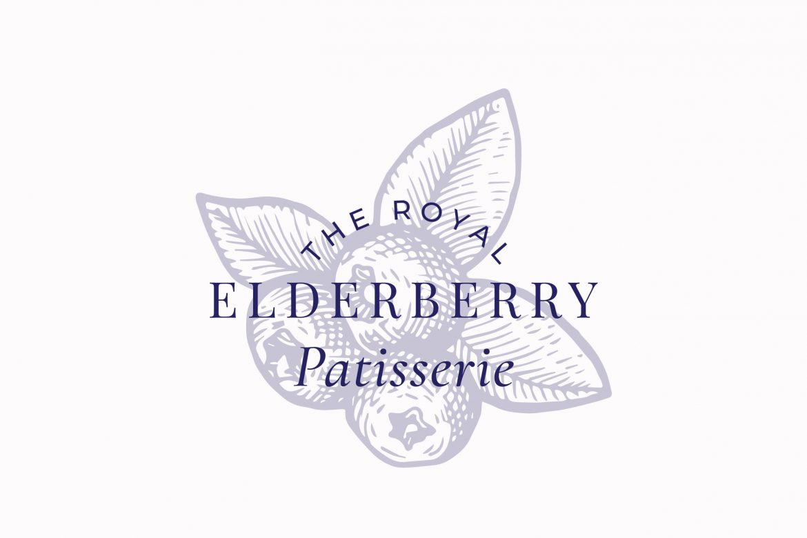 The Royal Elderberry Patisserie Abstract Vector Sign, Symbol or Logo Template. Three Berries with Leafs Sketch Sillhouette with Elegant Retro Typography. Vintage Luxury Emblem.